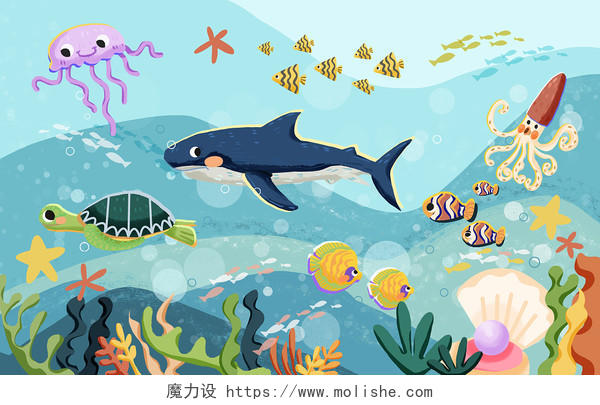 海洋动物海底世界扁平插画海龟鲨鱼鲸鱼小丑鱼水母素材世界海洋日